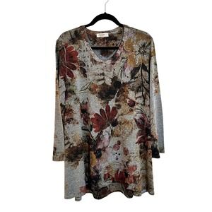 Jess & Jane Slinky Knit V-Neck Long Sleeve Tunic Top Size L Gray Red Floral USA